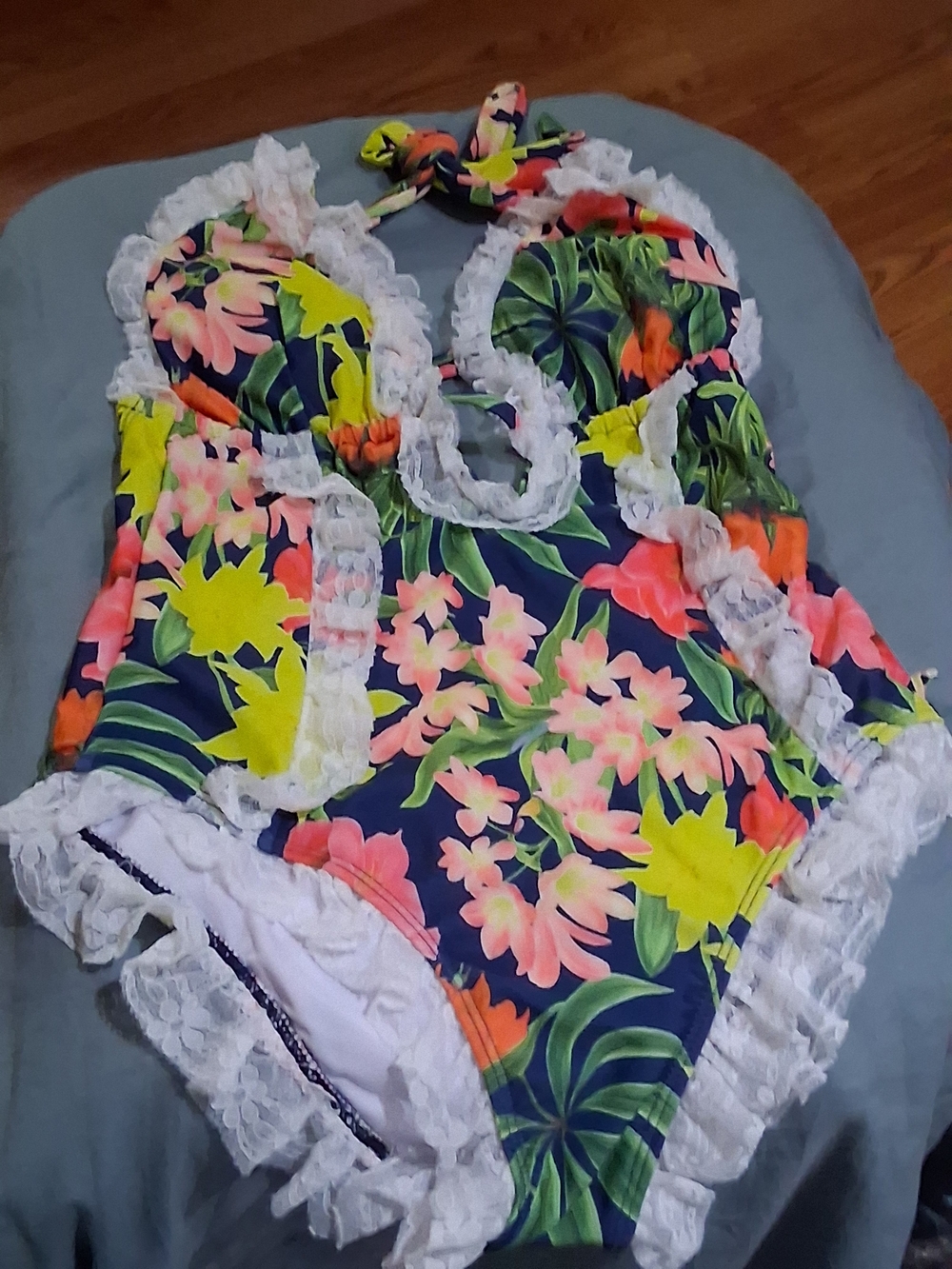 Floral Lace-Trim One-Piece Swimsuit - Navy & Neon Floral